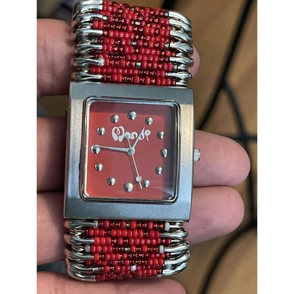 Womens Monji Watch Red Silver Tone Beaded Safety Pin (needs Battery) - Picture 1 of 8